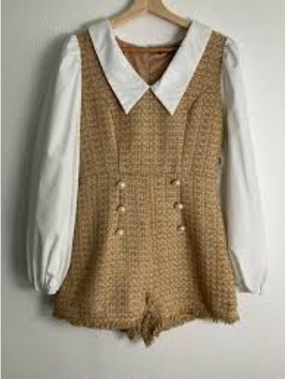 SHEIN Cream Sleeve Tweed Pearl-Button Jumpsuit Romper